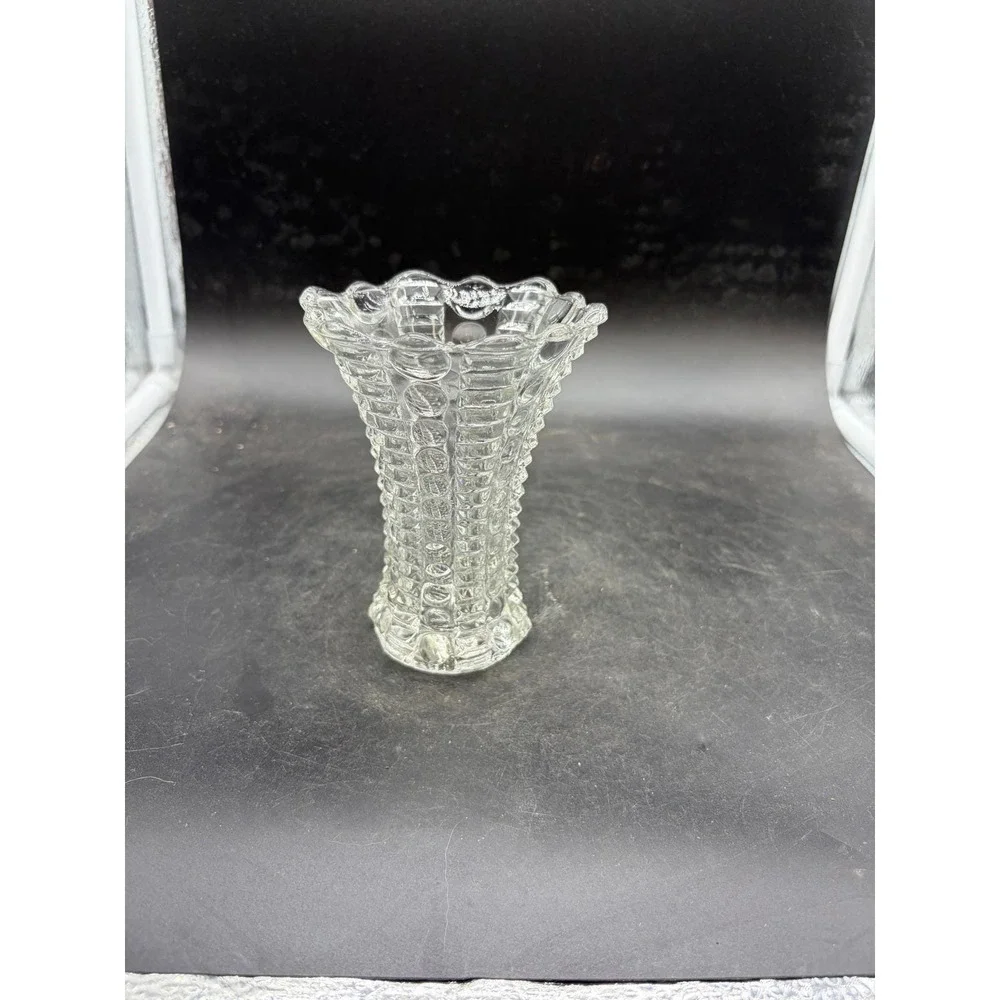 Vintage Clear Hobnail Pressed‎ Glass Vase Ruffled Rim Starburst Base 5 Inch